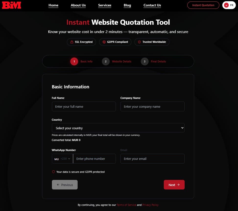 Instant Website Quotation Tool